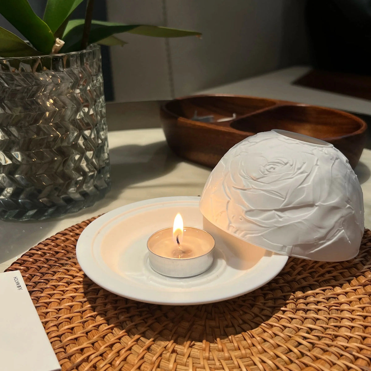 Porcelain Flower Dome Lamp, Embossed Tealight Night Light