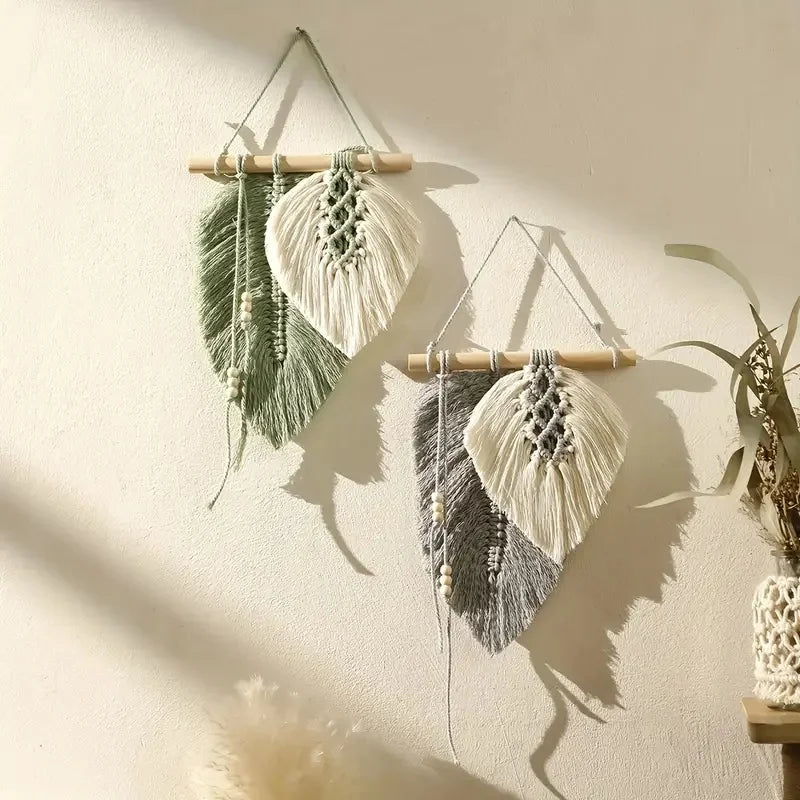 Macrame Leaf Wall Hanging, Handmade Boho Feather Wall Art