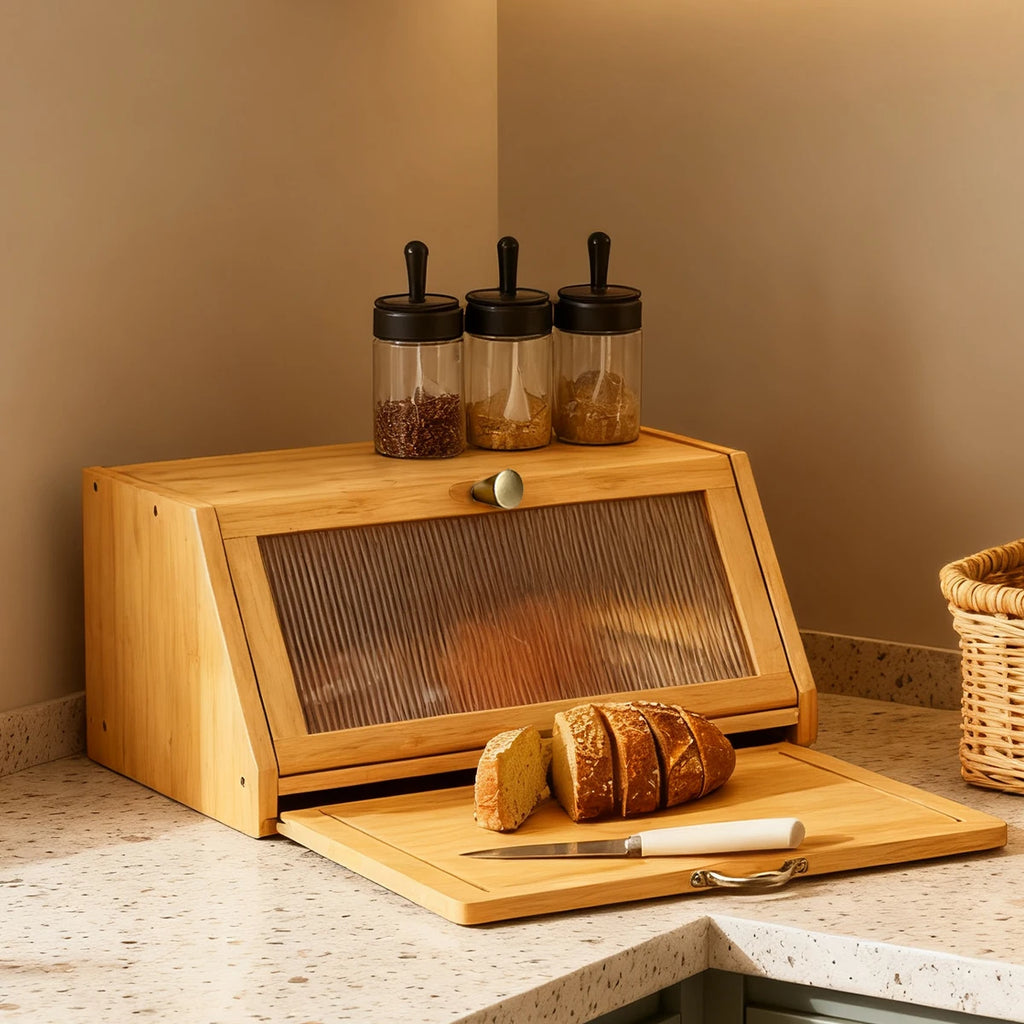 Bamboo Bread Box with Cutting Board, Countertop Bread Bin
