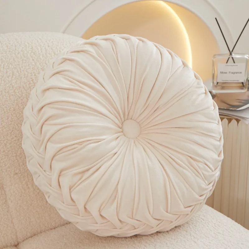 Pleated Velvet Pumpkin Pillow, Round Tufted Throw Cushion