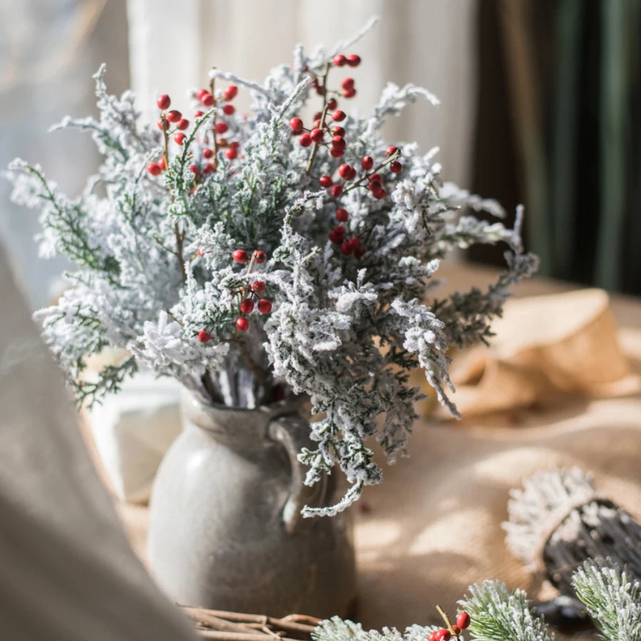 Flocked Cedar Stems, Snowy Faux Pine Branch