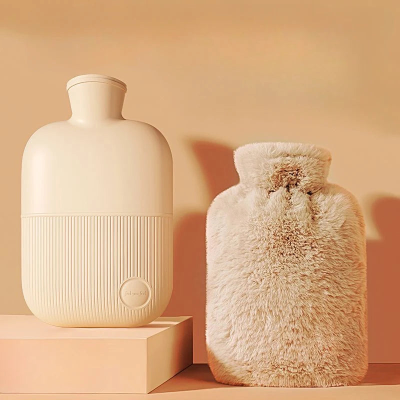 Hot Water Bottle with Plush Cover, 1L Soft Silicone Warmer