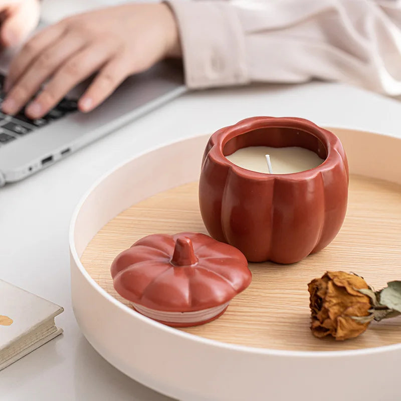 Ceramic Pumpkin Candle Jar with Lid, Matte Pumpkin Candle Holder