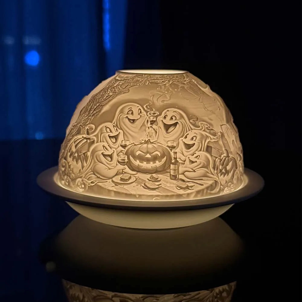 Porcelain Ghost Tealight Dome, Glowing Halloween Candle Lamp