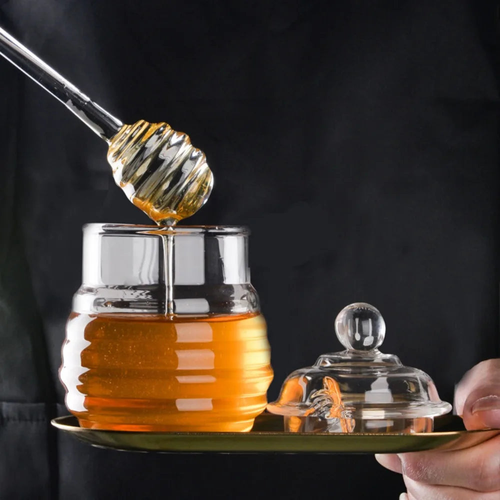 Beehive Glass Honey Pot, Honey Jar with Dipper