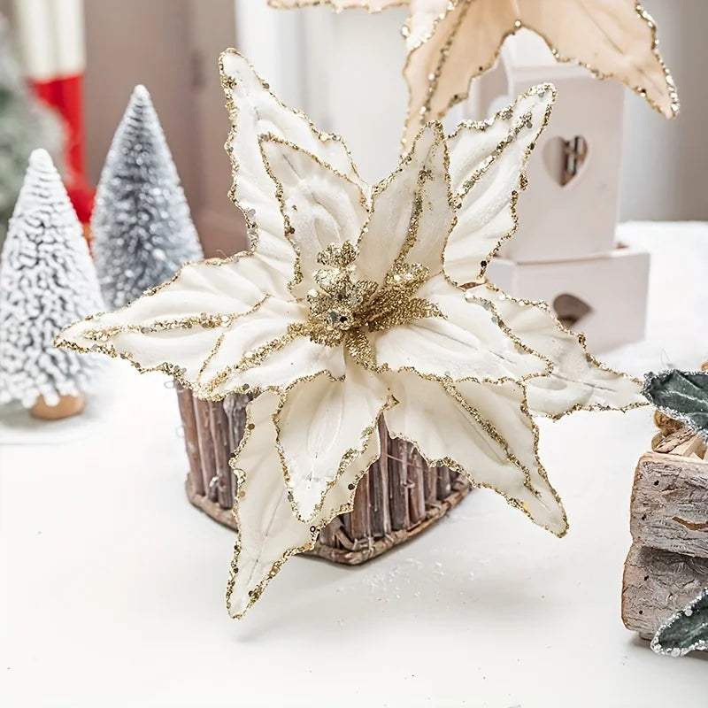 Velvet Poinsettia Stems, Glitter Christmas Flowers (Set of 4)