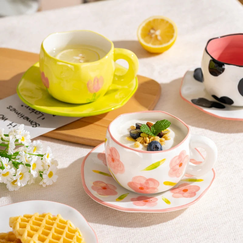Hand-Painted Ceramic Mug, Cute Irregular Flower Coffee Mug