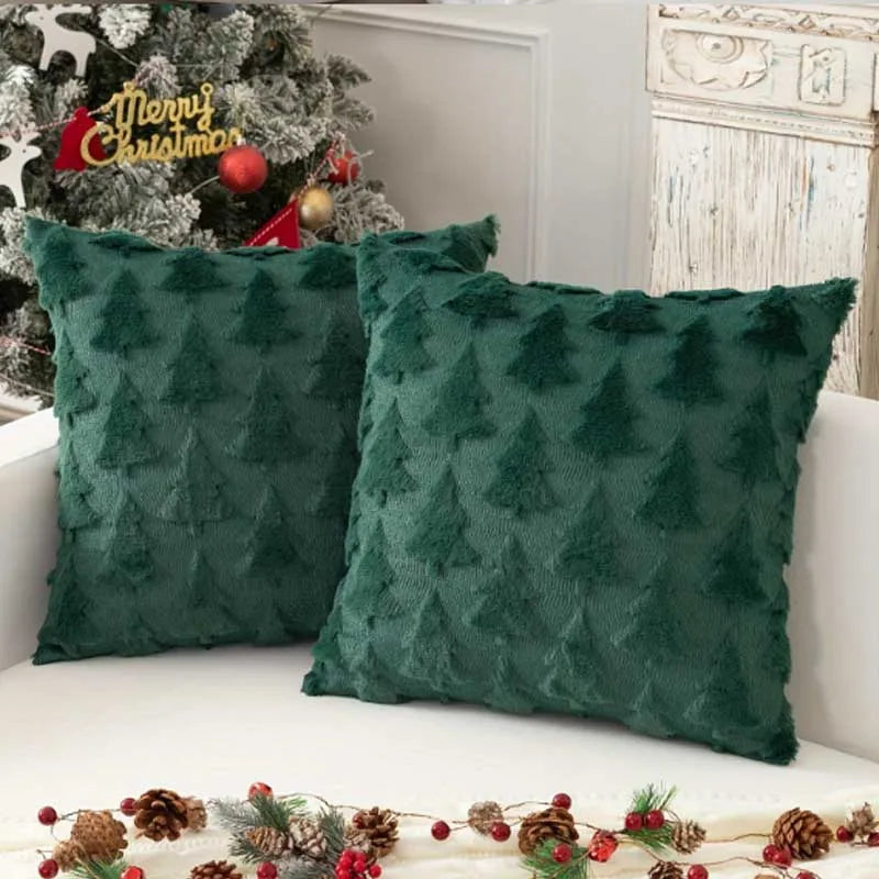 Plush Christmas Tree Pillow Cover, Embossed Holiday Cushion Cover