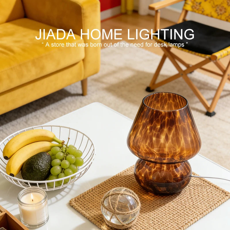 Coffee Glass Mushroom Lamp, Amber Bedside Table Lamp