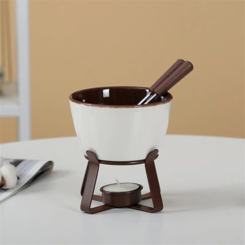 Ceramic Fondue Set, Tealight Chocolate & Cheese Pot with Forks