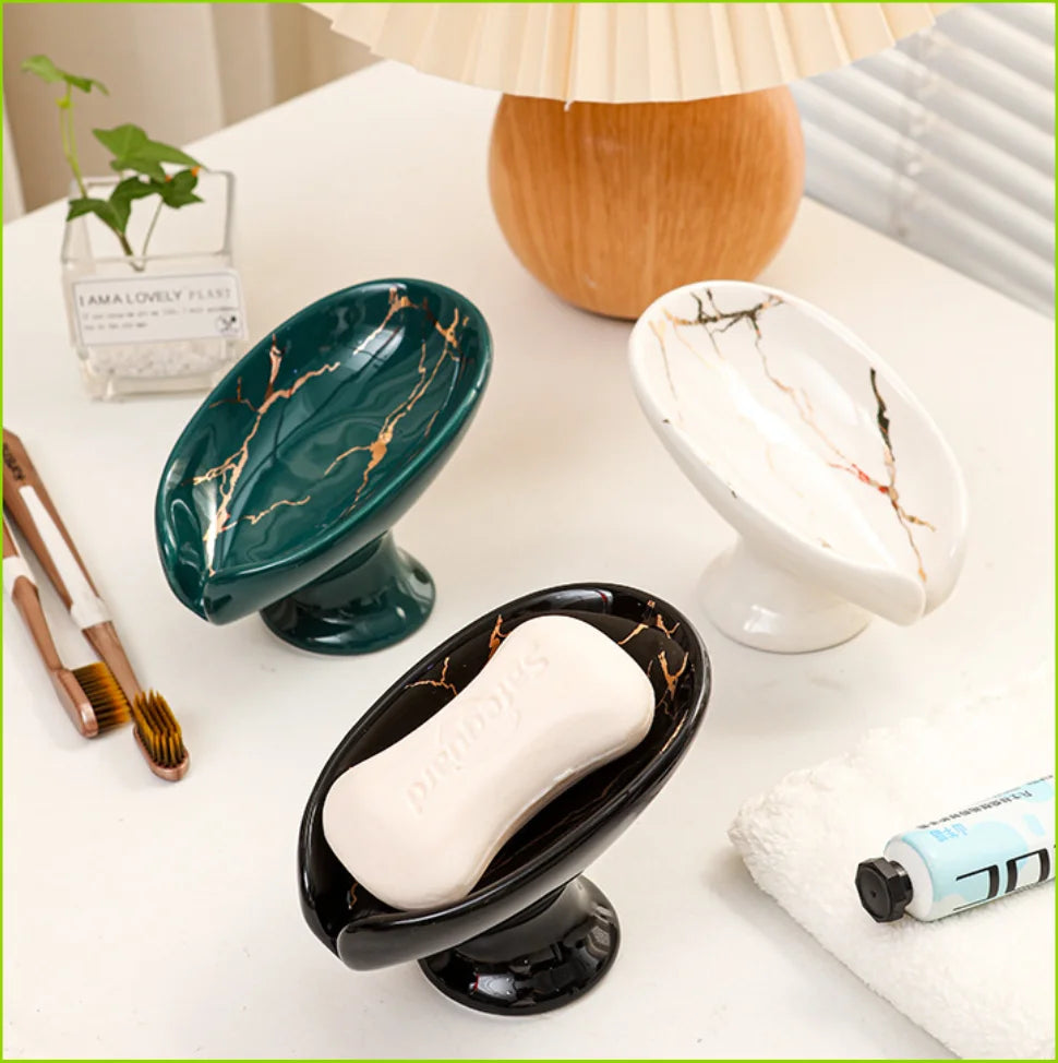 Ceramic Leaf Soap Dish, Self-Draining Soap Holder