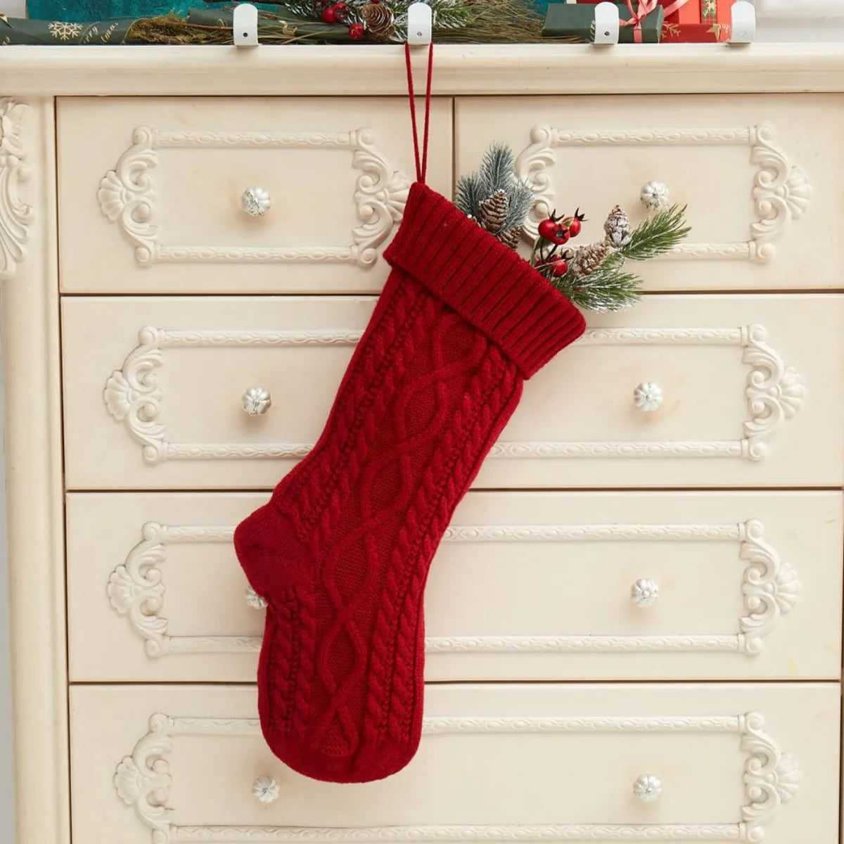 Cable Knit Christmas Stocking, Large Knitted Holiday Stocking