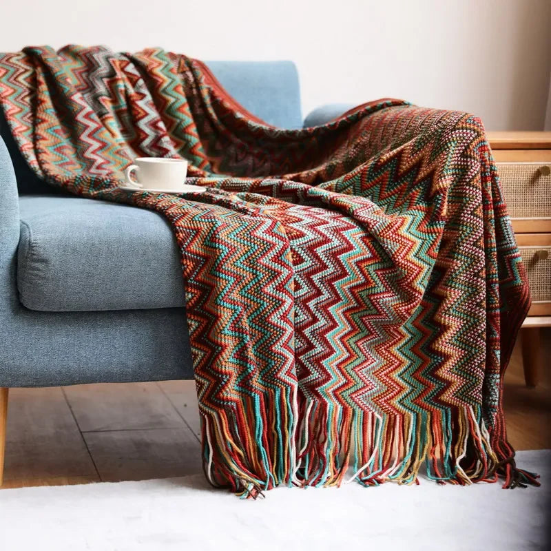 Boho Woven Throw Blanket with Tassels, Chevron Knit Couch Throw