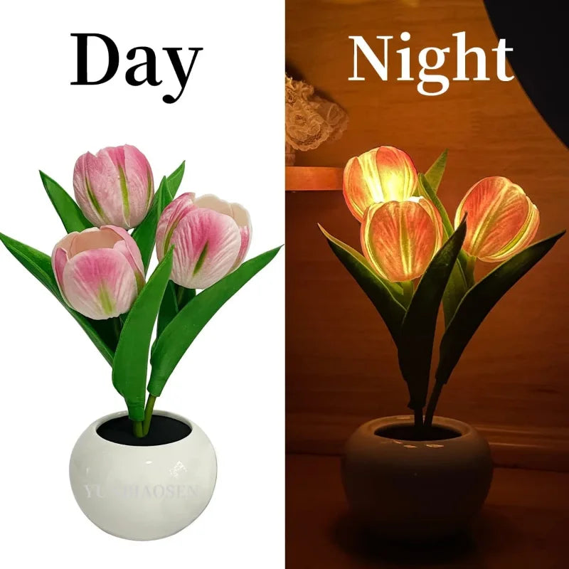 Tulip Lamp, Cordless LED Flower Night Light in Ceramic Pot