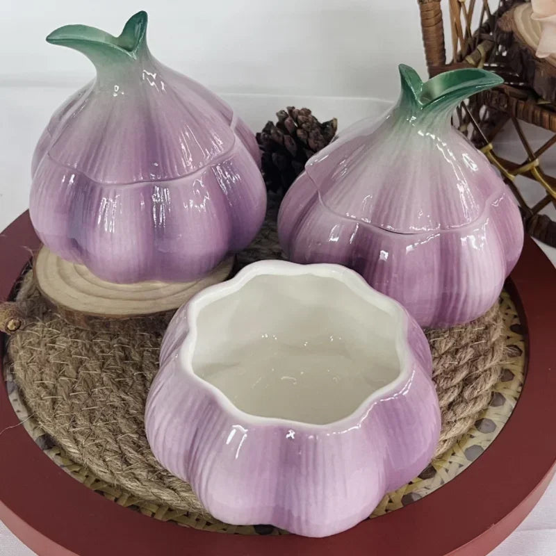 Purple Garlic Jar, Ceramic Lidded Storage Canister