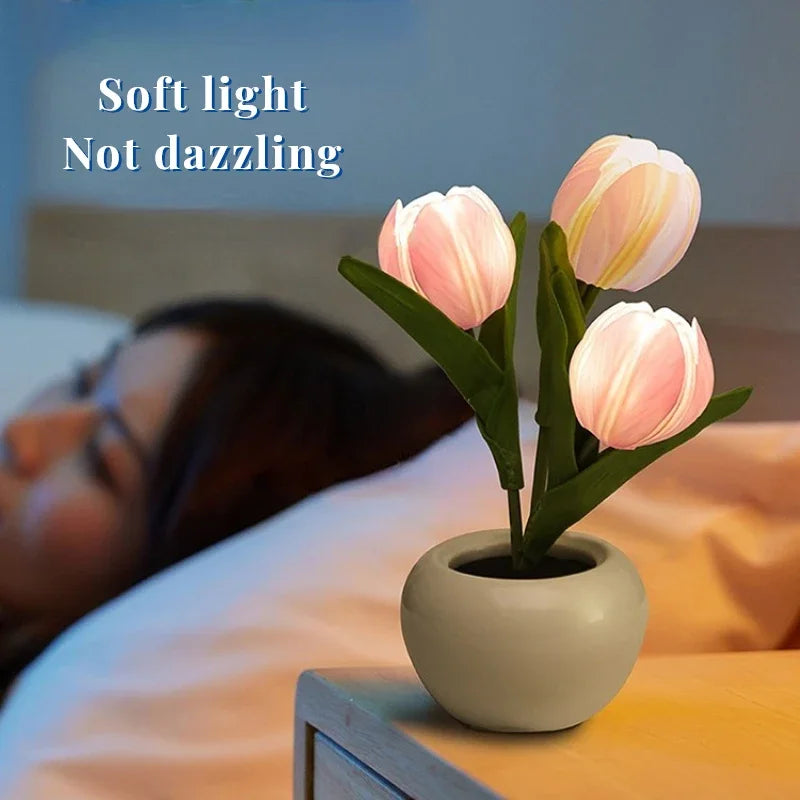 Tulip Lamp, Cordless LED Flower Night Light in Ceramic Pot