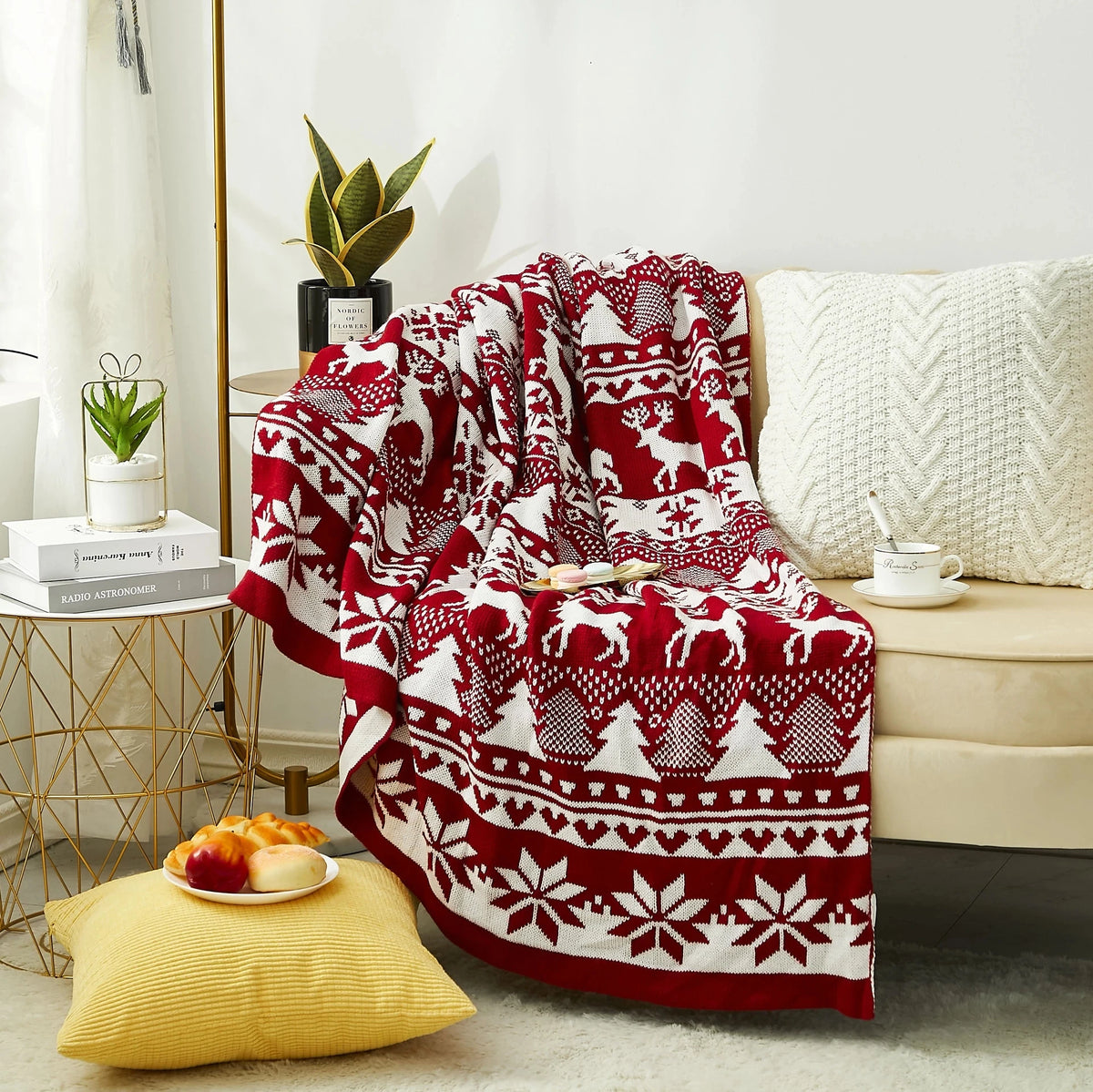 Nordic Knit Christmas Throw, Red Fair Isle Blanket