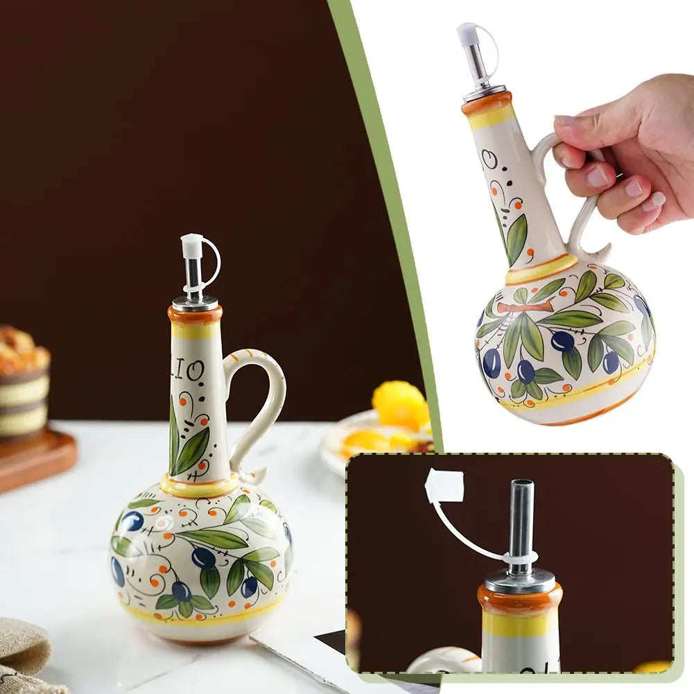 Hand-Painted Ceramic Olive Oil Bottle, Italian-Style Oil Dispenser