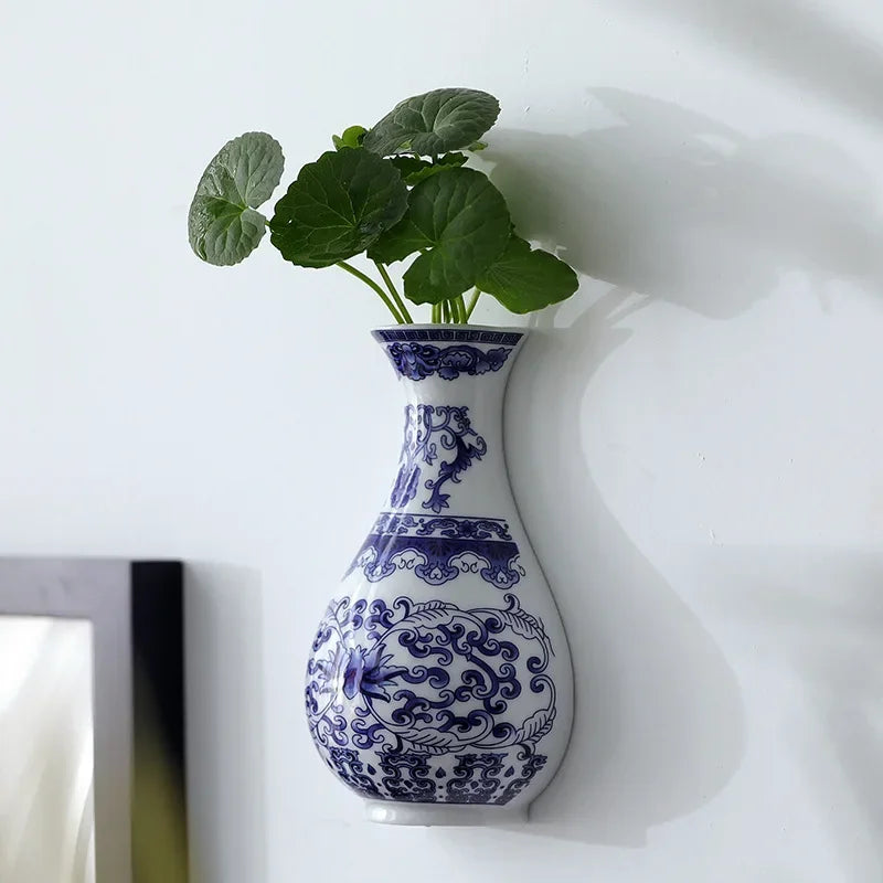Blue & White Porcelain Wall Vase, Hanging Plant Vase