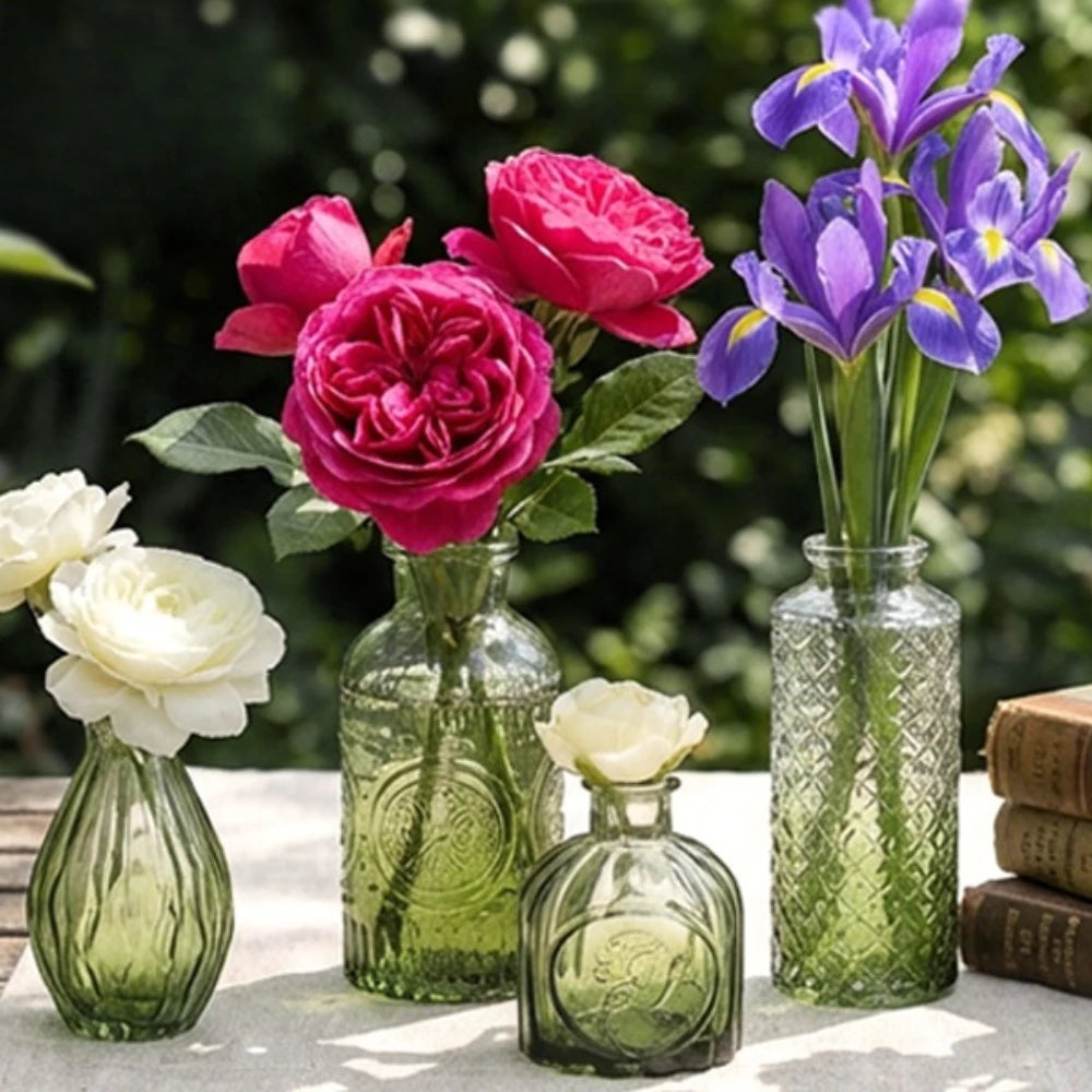 Vintage Glass Bud Vases, Embossed Mini Vase Set
