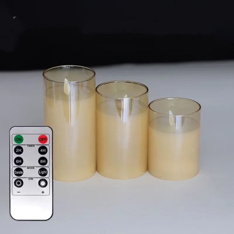Real Wax Flameless Pillar Candles, Rechargeable LED Set of 3 in Glass