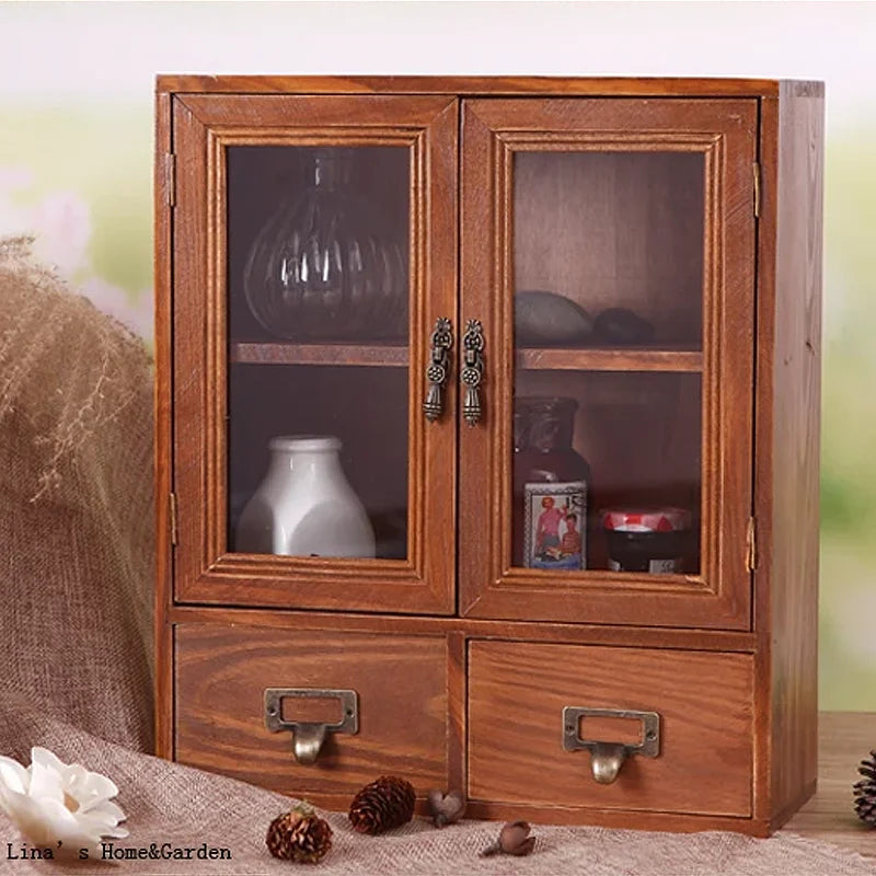 Vintage Wood Mini Cabinet, Tabletop Cupboard with Glass Doors & Drawers