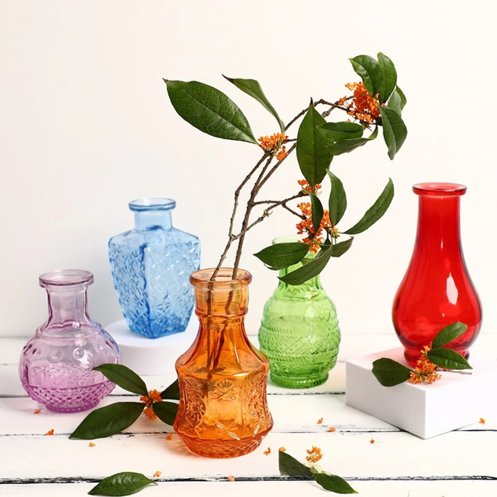 Vintage Glass Bud Vases, Embossed Mini Vase Set