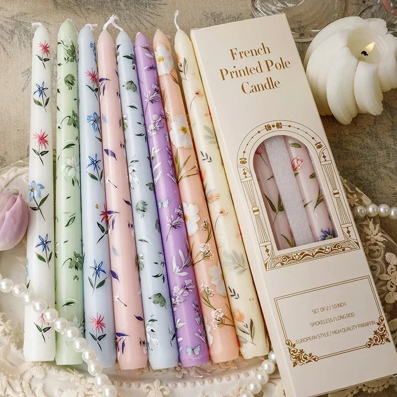 Printed Taper Candles, Hand-Painted Floral Dinner Candles (Set of 2)