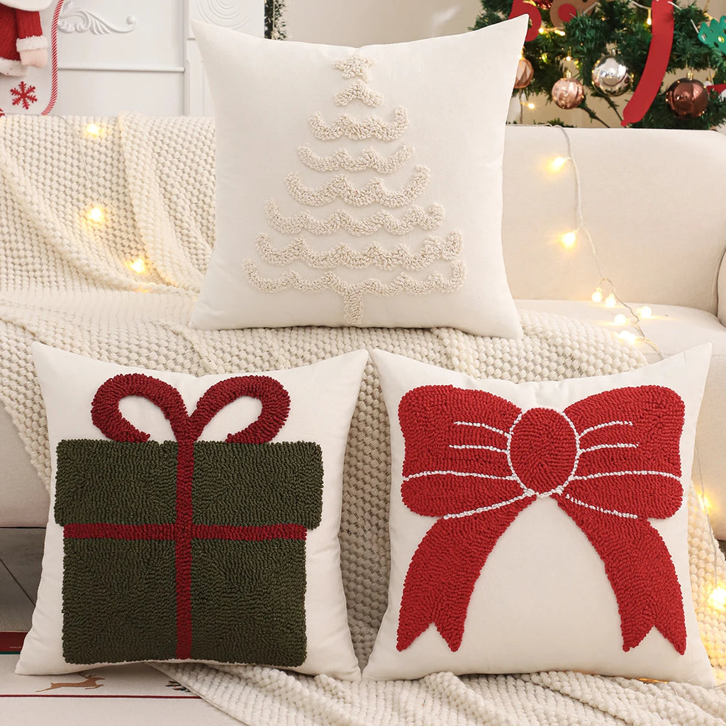 Tufted Christmas Pillow Cover, Bow, Tree or Gift Design