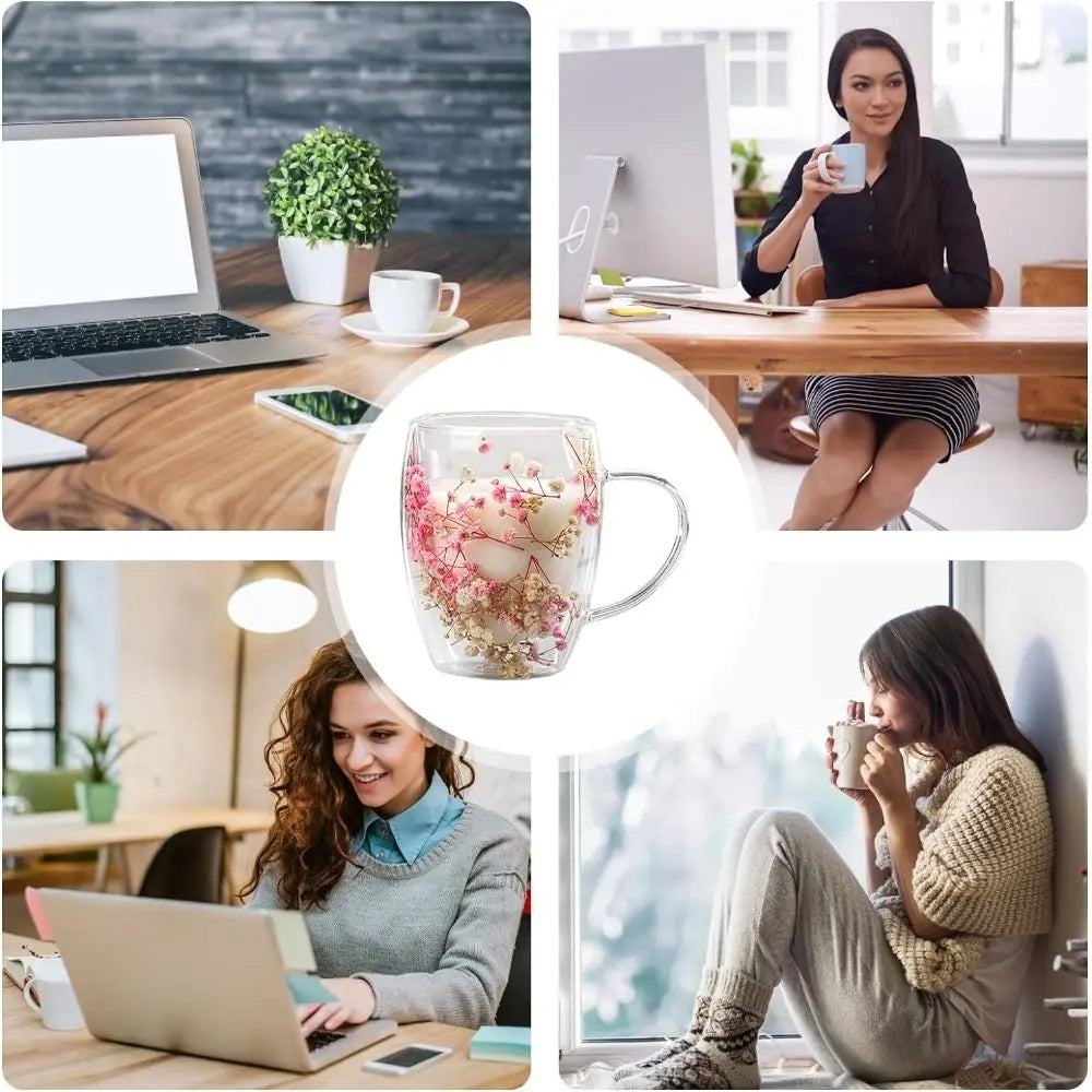 Dried Flower Glass Mug, Double Wall Coffee Cup (350ml)
