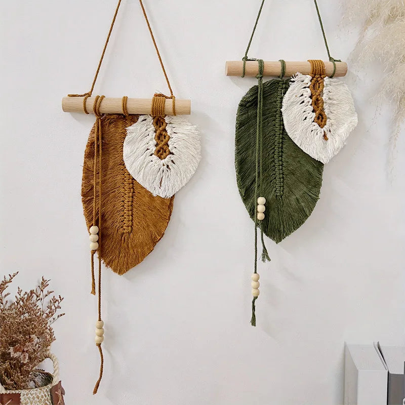 Macrame Leaf Wall Hanging, Handmade Boho Feather Wall Art