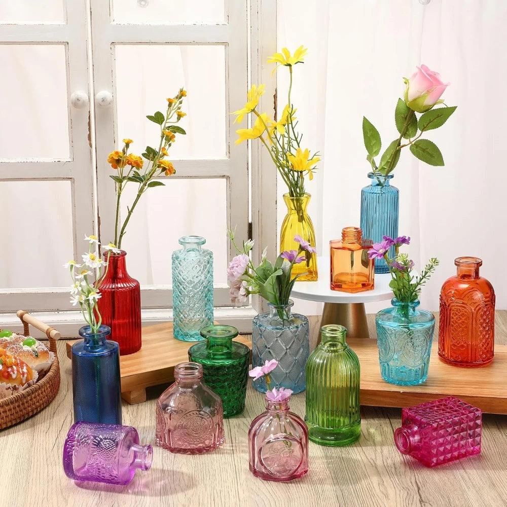 Vintage Glass Bud Vases, Embossed Mini Vase Set