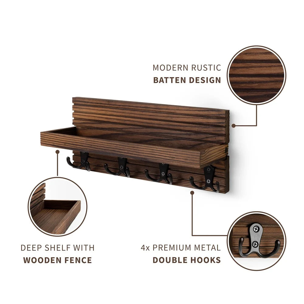 Rustic Wall Key Holder, Wooden Mail Shelf with 4 Hooks