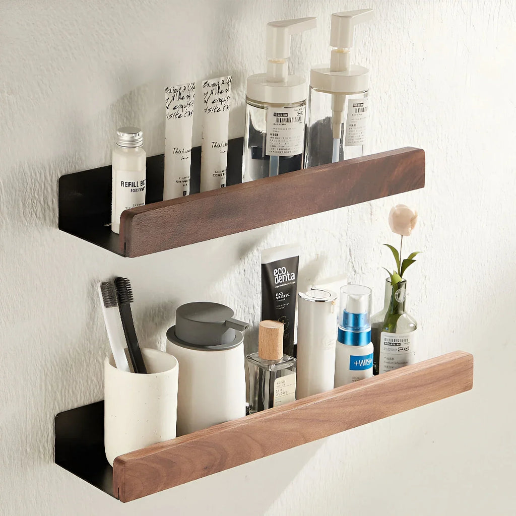 Walnut Bathroom Shelf, Wall-Mounted Wood & Metal Shelf
