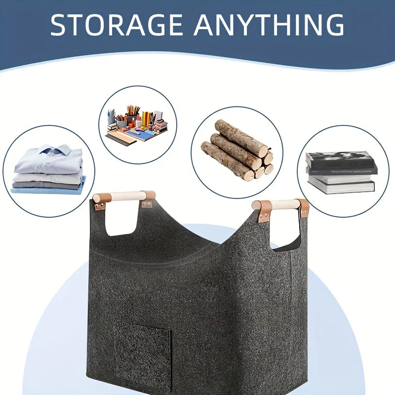 Felt Firewood Basket with Wood Handles, Foldable Log Holder