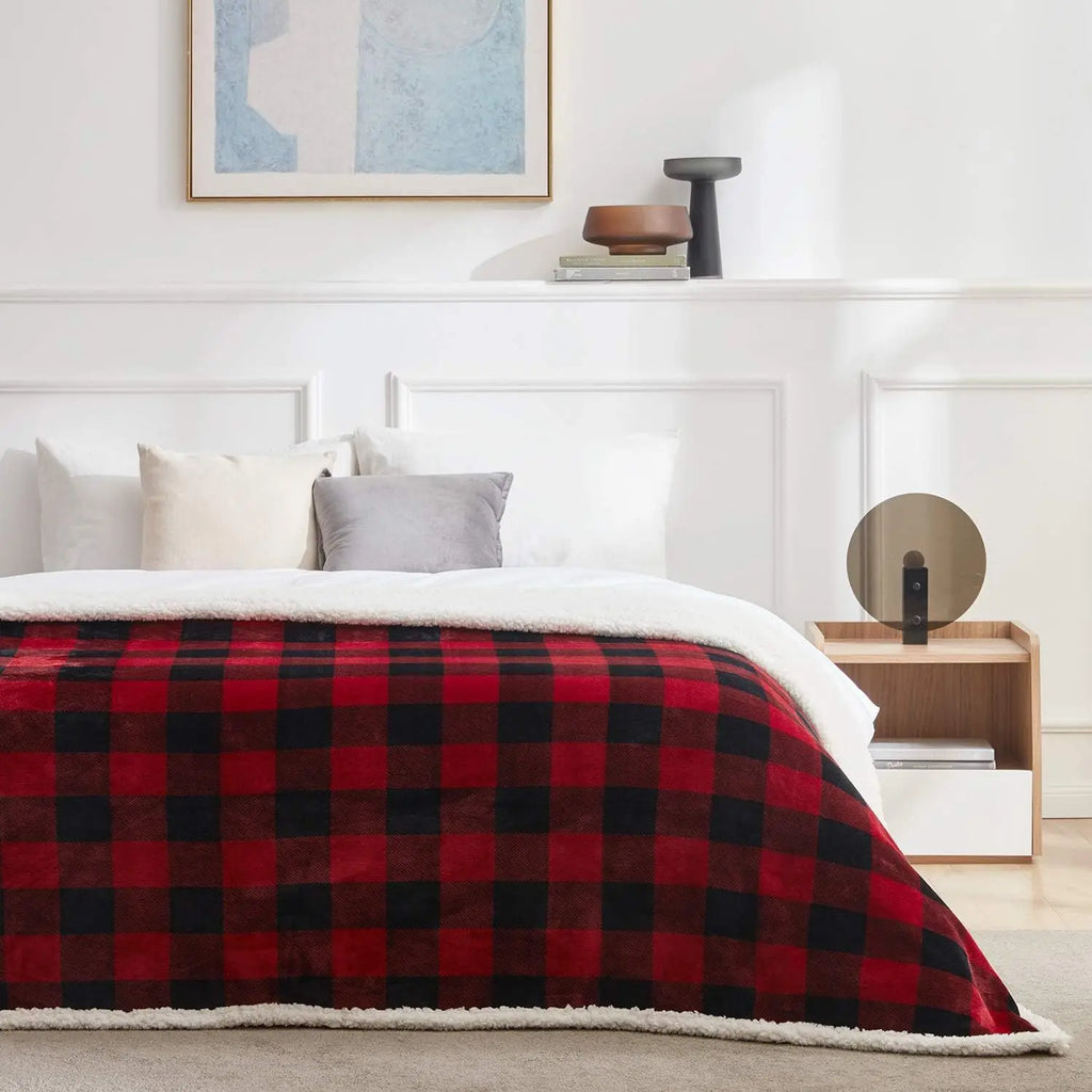 Buffalo Plaid Sherpa Throw, Red & Black Plush Blanket