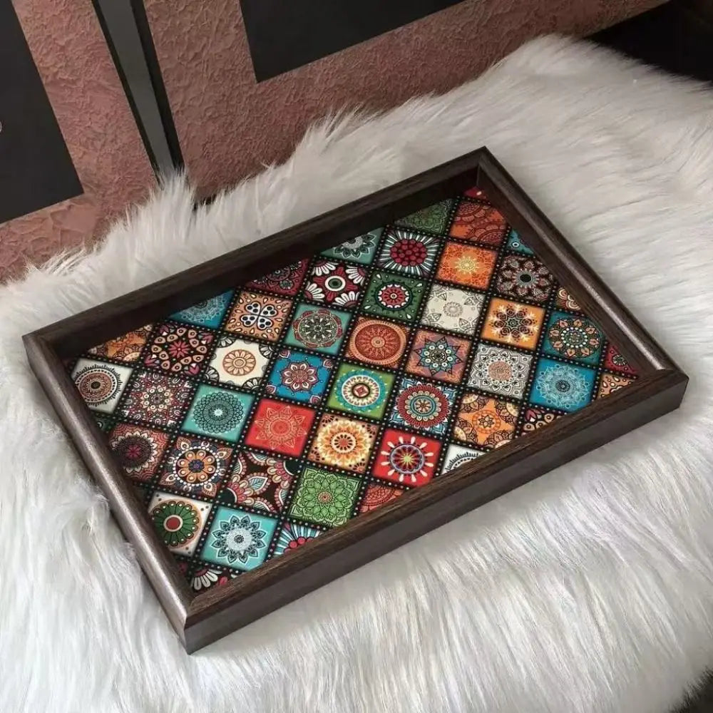 Bohemian Mosaic Wooden Tray, Patterned Serving & Vanity Tray