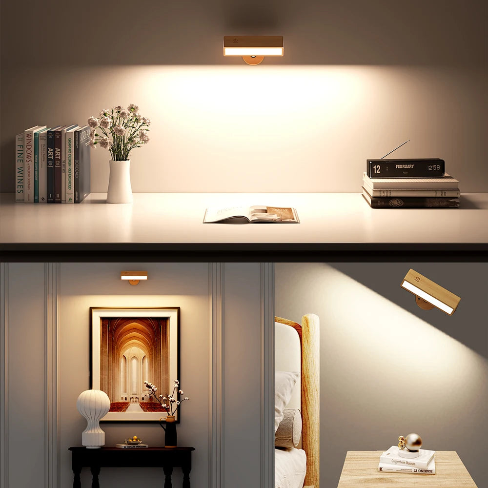 Wooden Wall Sconce, Cordless Rechargeable Reading Light