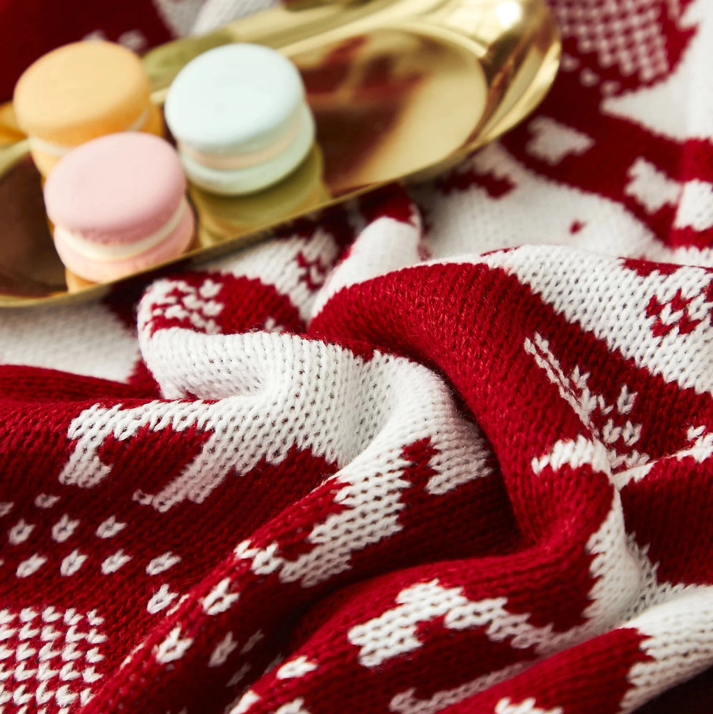 Nordic Knit Christmas Throw, Red Fair Isle Blanket