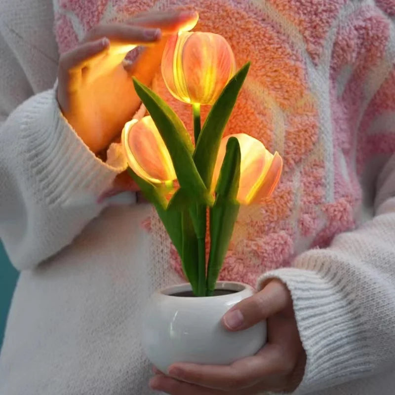Tulip Lamp, Cordless LED Flower Night Light in Ceramic Pot