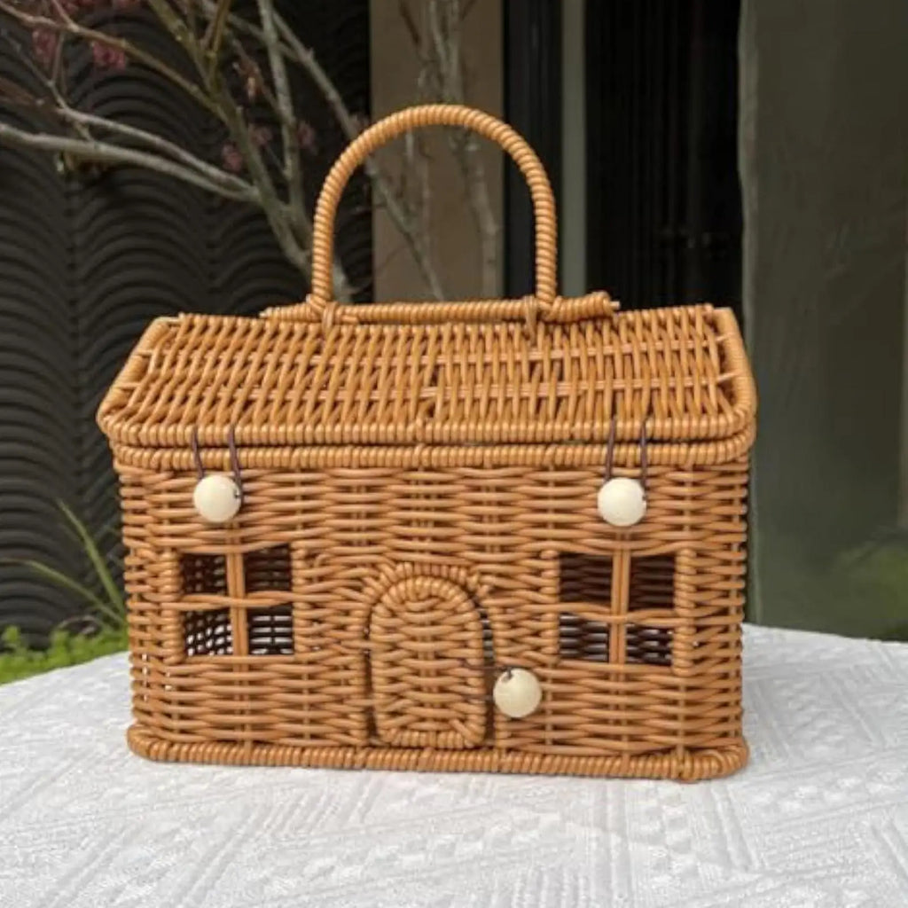 Cottage House Basket, Woven Storage Basket with Lid