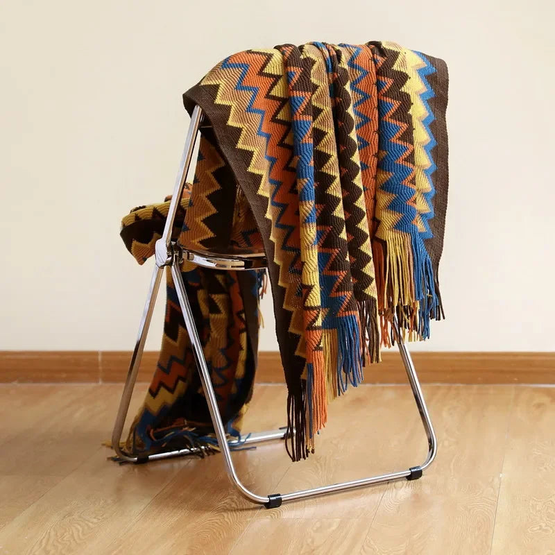 Boho Woven Throw Blanket with Tassels, Chevron Knit Couch Throw