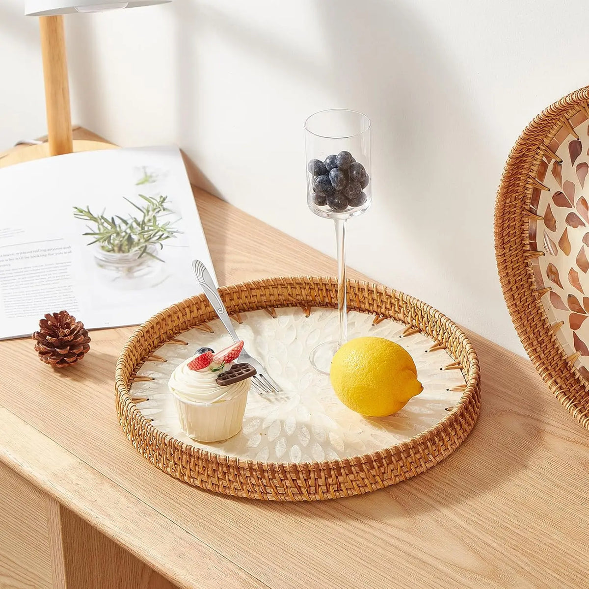 Rattan Pearl Tray, Round Woven Tray with Mother-of-Pearl