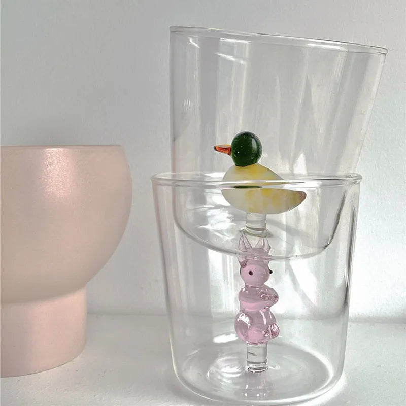 3D Animal Glass Cup, Handmade Clear Glass with Tiny Figurine Inside