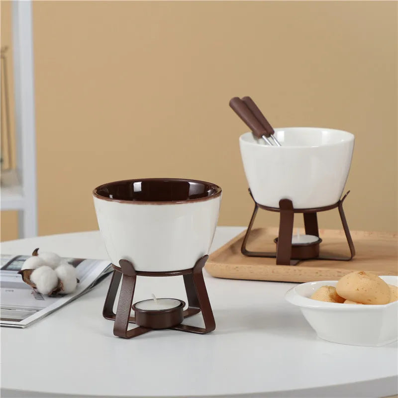 Ceramic Fondue Set, Tealight Chocolate & Cheese Pot with Forks