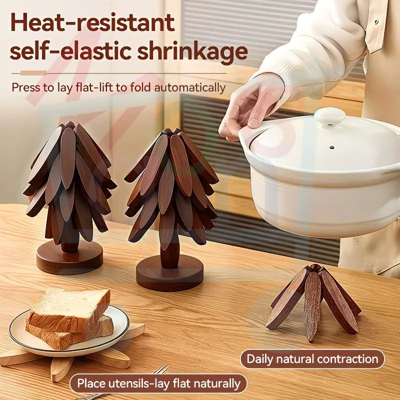 Tree Trivet Set, Folding Wooden Trivets on a Stand