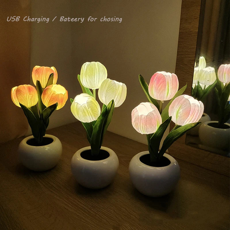 Tulip Lamp, Cordless LED Flower Night Light in Ceramic Pot