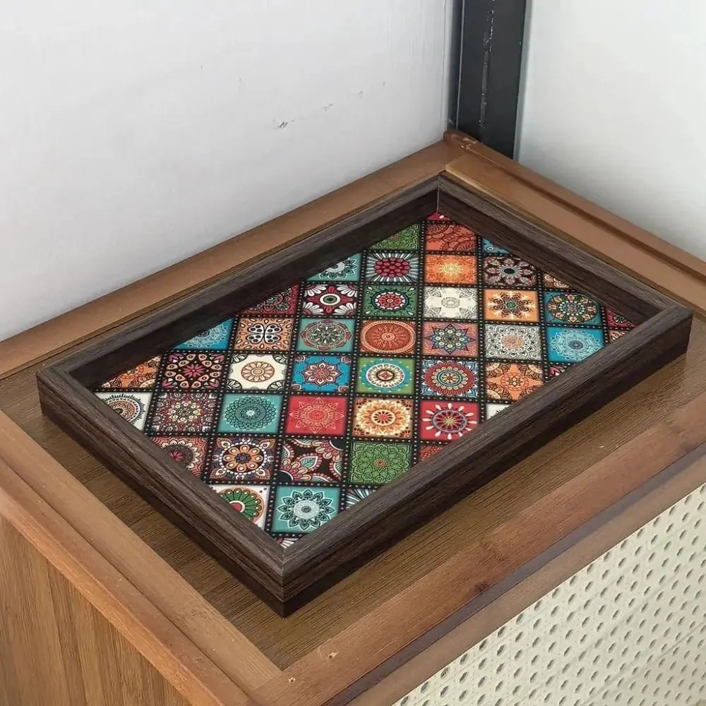Bohemian Mosaic Wooden Tray, Patterned Serving & Vanity Tray