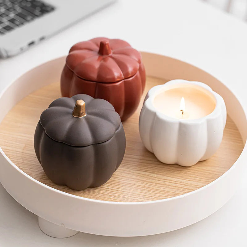 Ceramic Pumpkin Candle Jar with Lid, Matte Pumpkin Candle Holder
