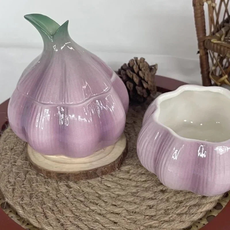 Purple Garlic Jar, Ceramic Lidded Storage Canister